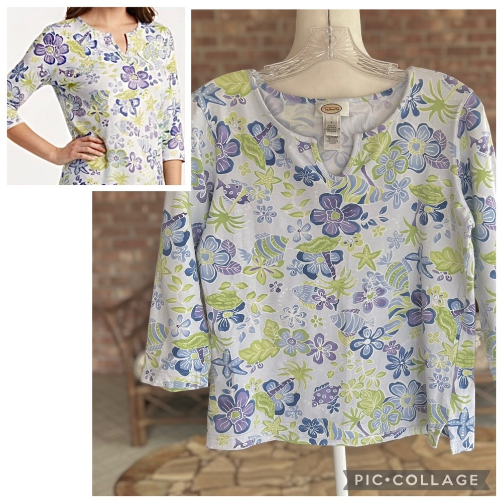 Talbots Lime Green Purple Floral Tropical Knit Top S Cotton Coastal Casual